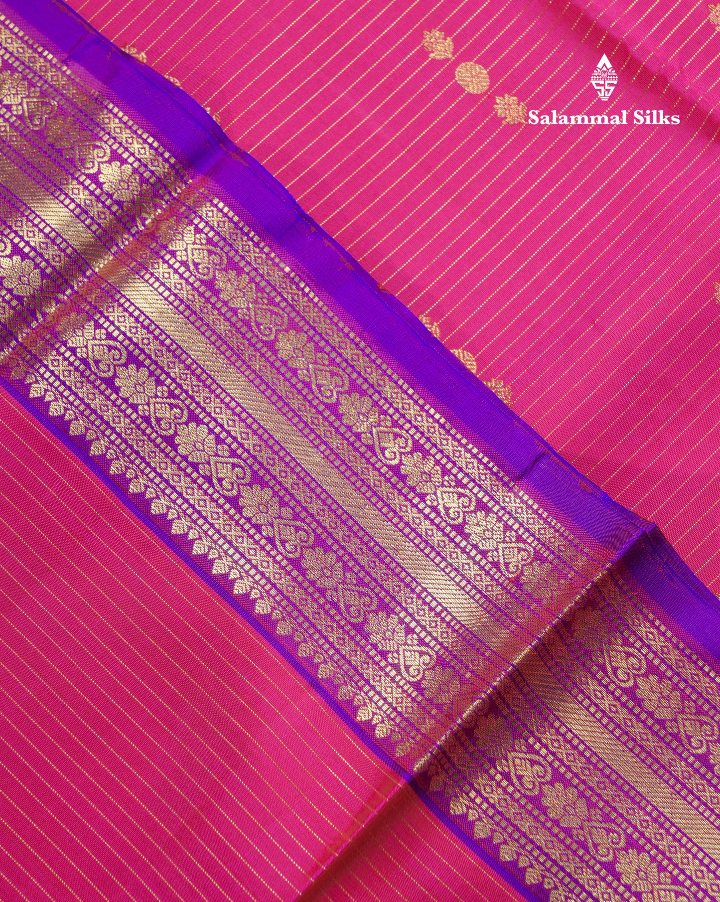 Magenta Vairaoosi Lines And Buttas Beautiful Pure Kanjivaram Silk Saree With Violet Evening Morning Border
