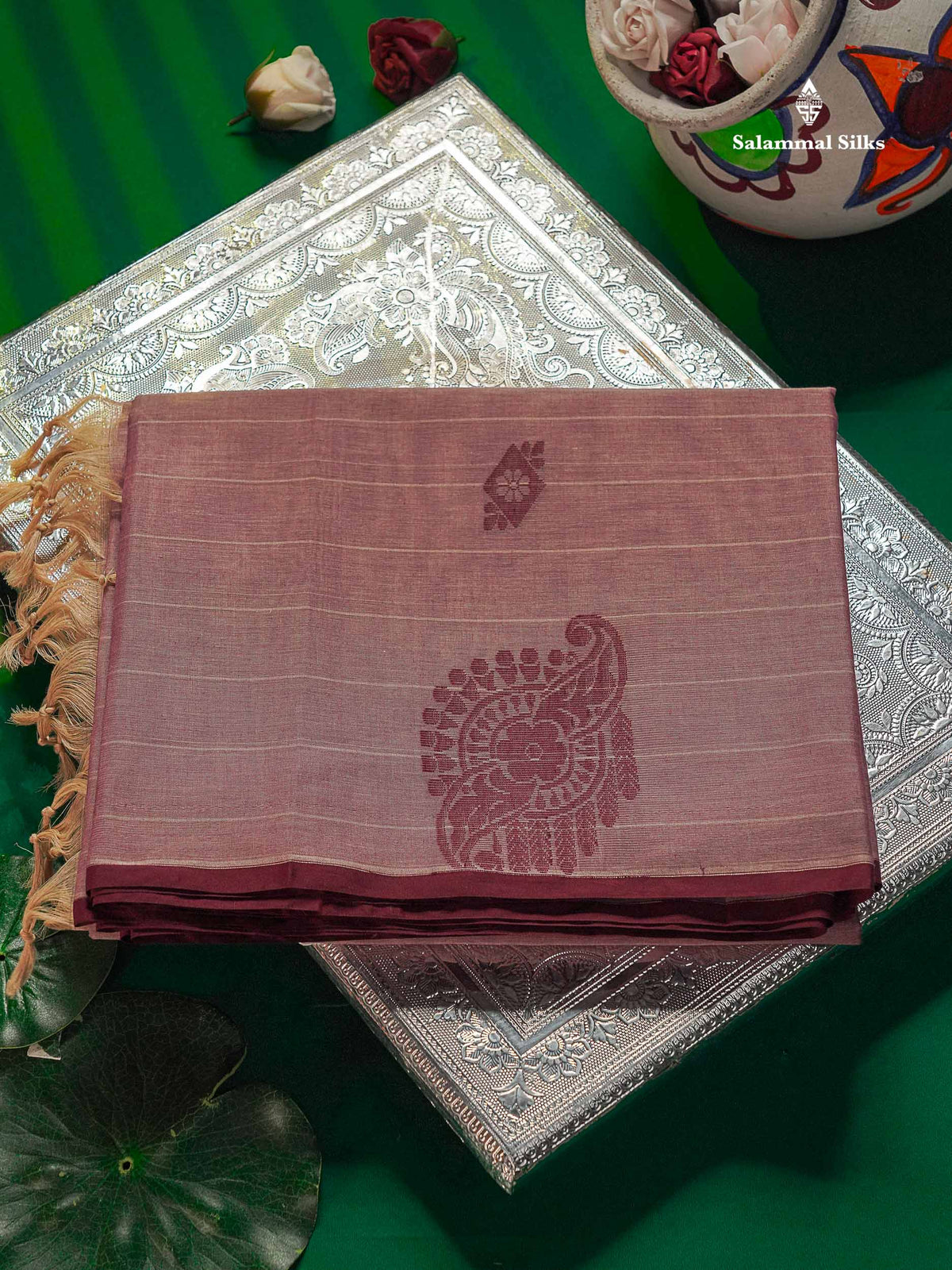 Pure Cotton Saree - Pinkish Maroon Colour Body Lines With Fancy Thread Work Buttas