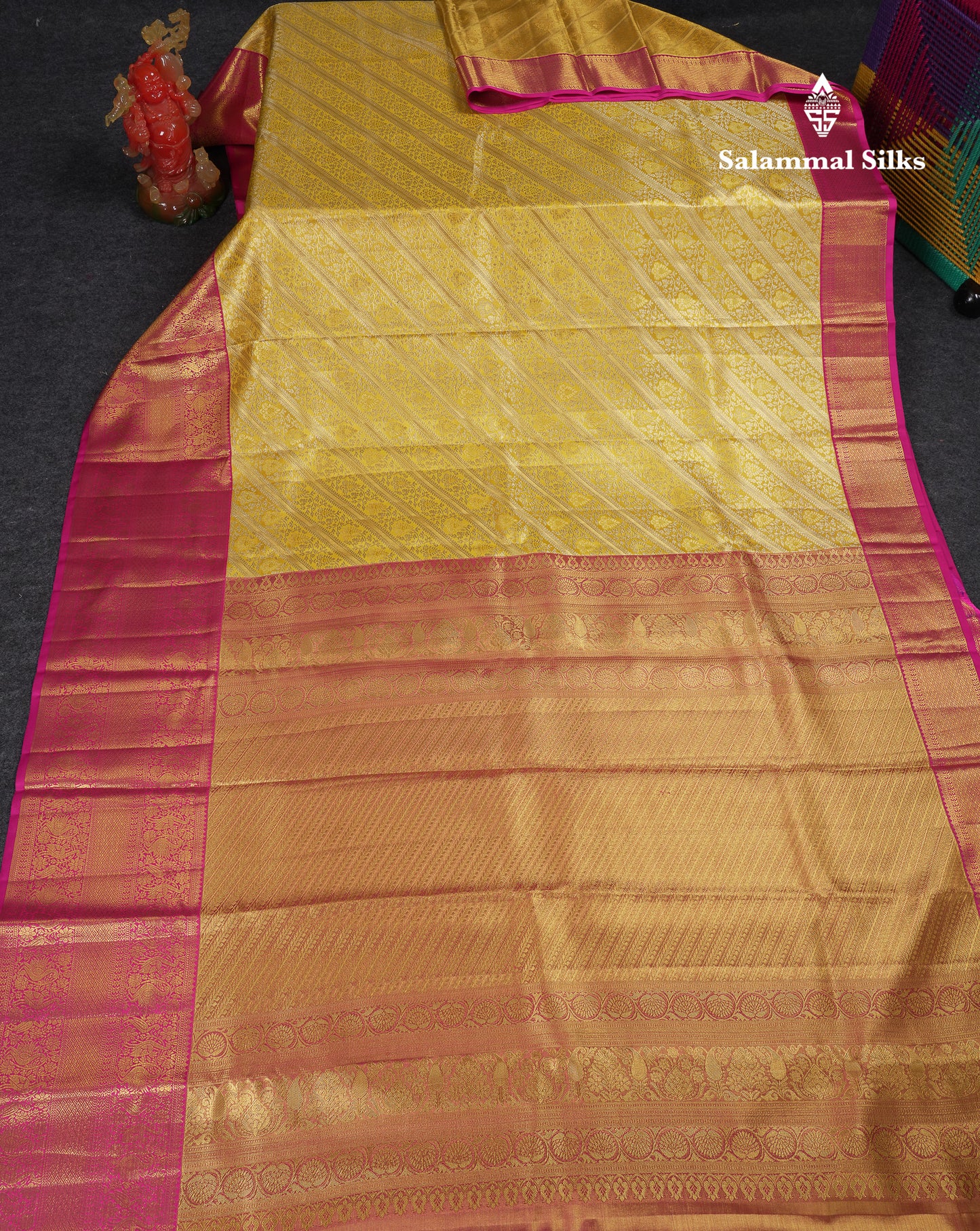 Beautiful Yellow Tissue Bridal Pure Kanjivaram Silk Saree With Contrast Pink Traditional Evening Morning Border