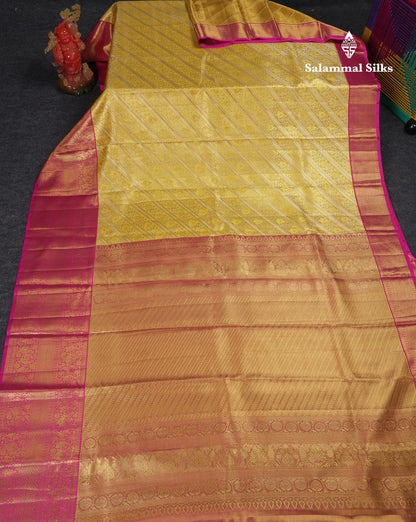 Beautiful Yellow Tissue Bridal Pure Kanjivaram Silk Saree With Contrast Pink Traditional Evening Morning Border
