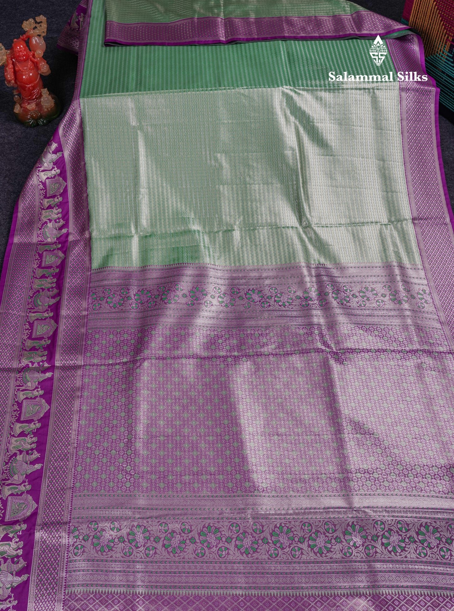 Beautiful Light Green Tissue Silk Mix Saree With Contrast Vadamalli Traditional Pallaku Evening Morning Border