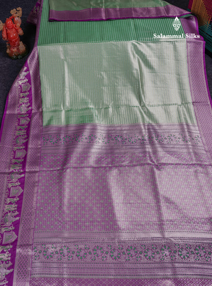 Beautiful Light Green Tissue Silk Mix Saree With Contrast Vadamalli Traditional Pallaku Evening Morning Border