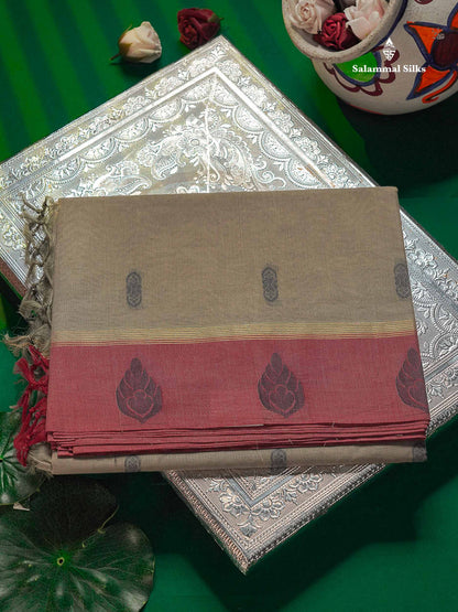 Pure Cotton Saree - Ash Colour Body Thread Butta With Contrast Pink Border