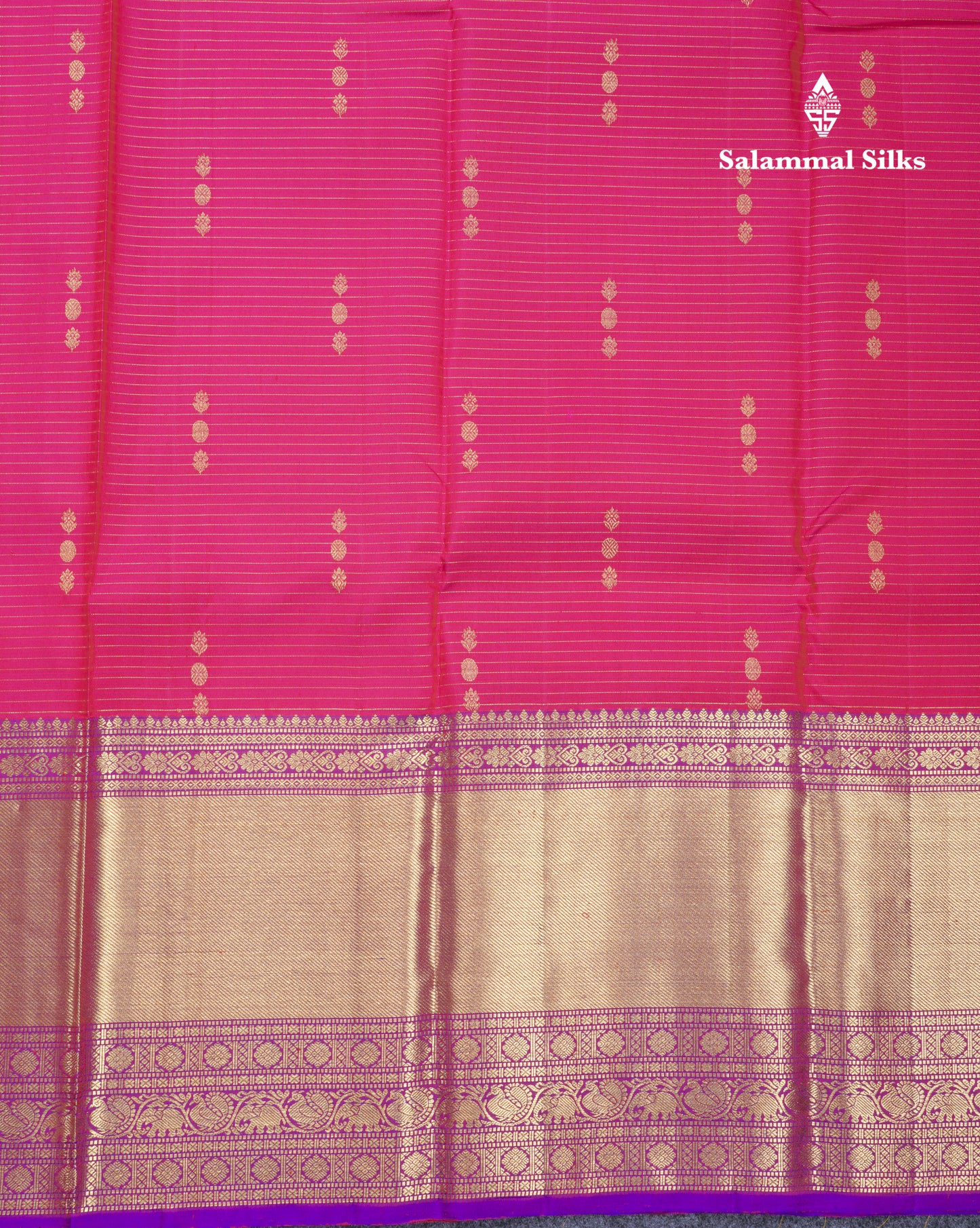 Magenta Vairaoosi Lines And Buttas Beautiful Pure Kanjivaram Silk Saree With Violet Evening Morning Border