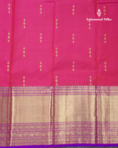 Magenta Vairaoosi Lines And Buttas Beautiful Pure Kanjivaram Silk Saree With Violet Evening Morning Border