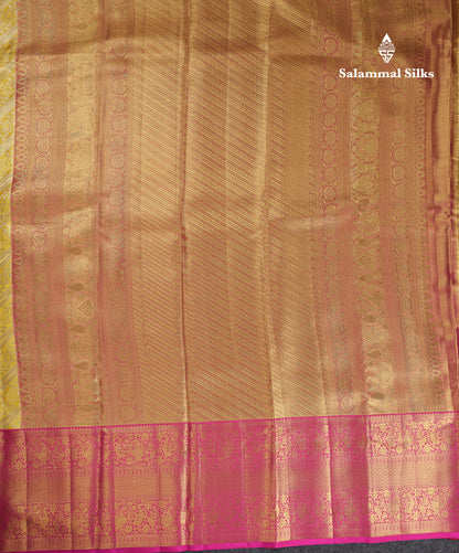 Beautiful Yellow Tissue Bridal Pure Kanjivaram Silk Saree With Contrast Pink Traditional Evening Morning Border