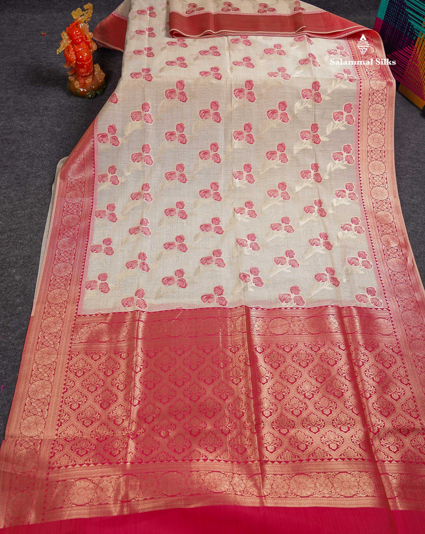 Elegant Cream Sandal Cotton Mix Saree With Contrast Pinkish Red Fancy Border