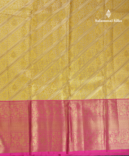 Beautiful Yellow Tissue Bridal Pure Kanjivaram Silk Saree With Contrast Pink Traditional Evening Morning Border