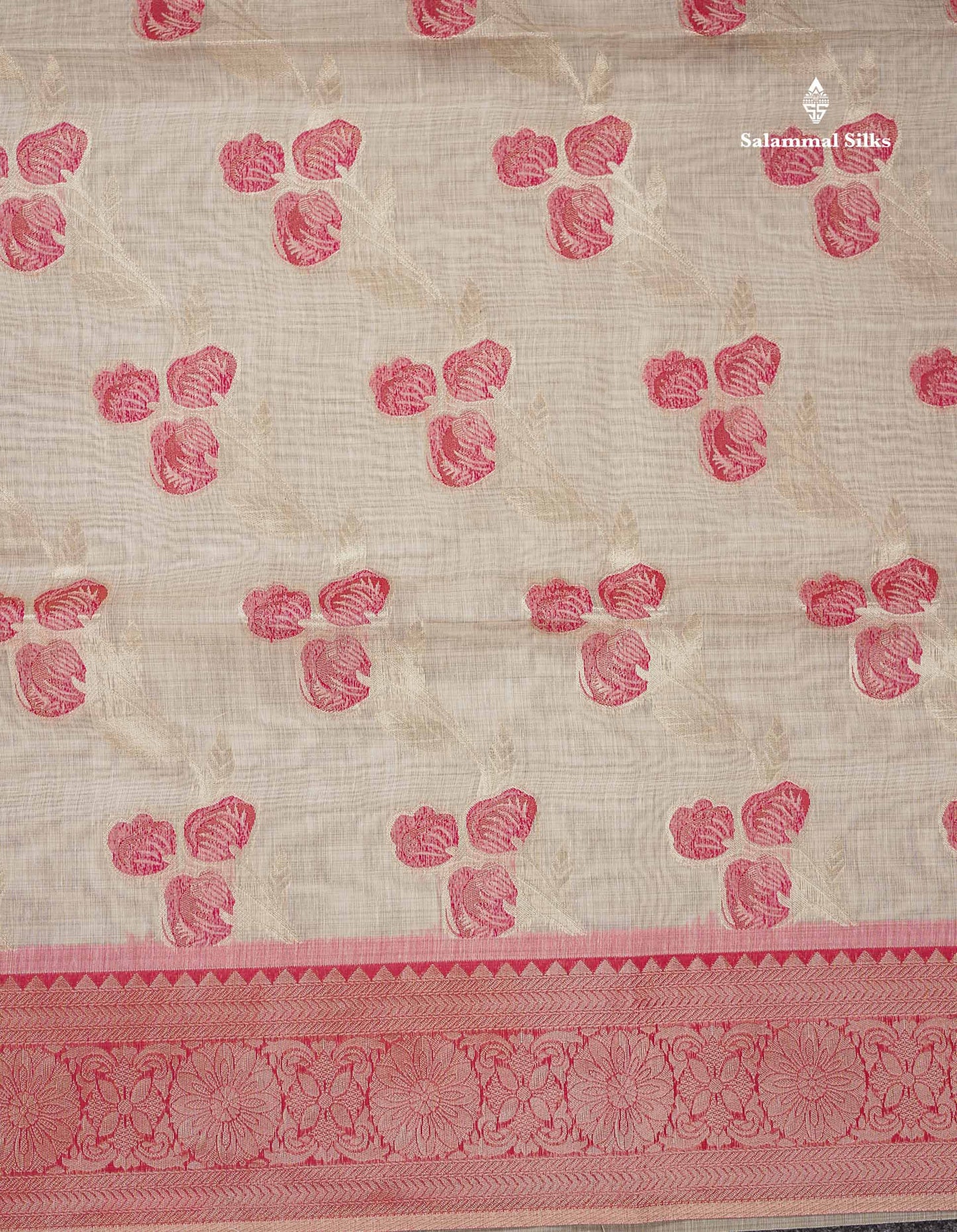 Elegant Cream Sandal Cotton Mix Saree With Contrast Pinkish Red Fancy Border