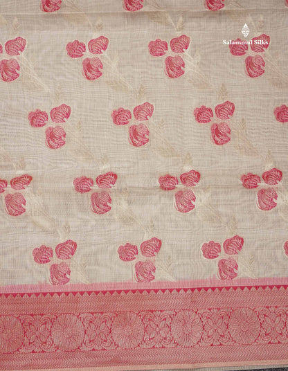 Elegant Cream Sandal Cotton Mix Saree With Contrast Pinkish Red Fancy Border