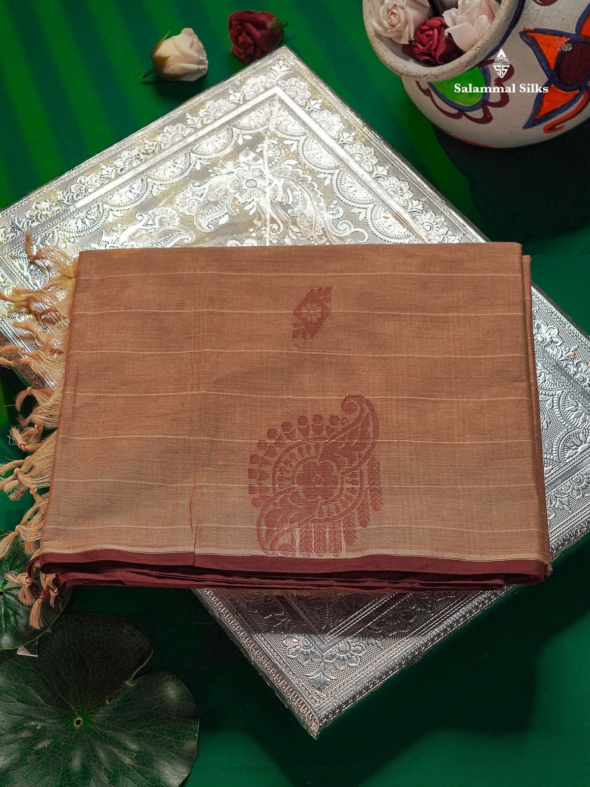 Pure Cotton Saree - Light Brown Colour Body Lines With Fancy Thread Work Buttas