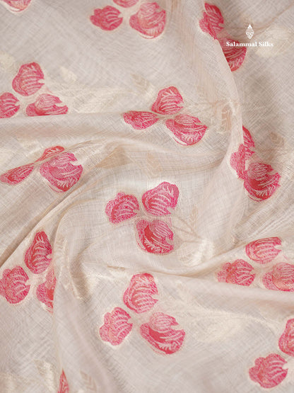 Elegant Cream Sandal Cotton Mix Saree With Contrast Pinkish Red Fancy Border