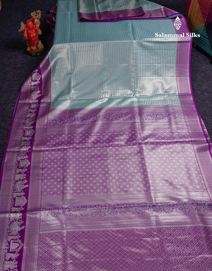 Beautiful Light Green Tissue Silk Mix Saree With Contrast Vadamalli Traditional Pallaku Evening Morning Border