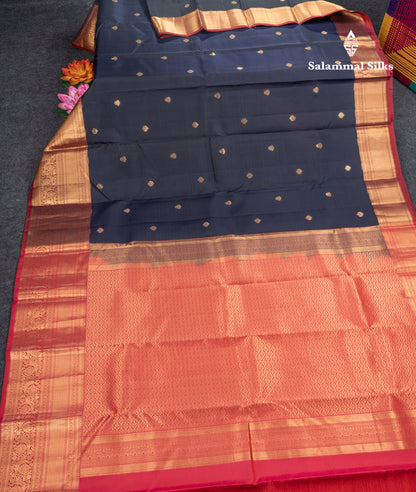 Navy Blue Pure Silk Mix Saree With Contrast Pinkish Red Border