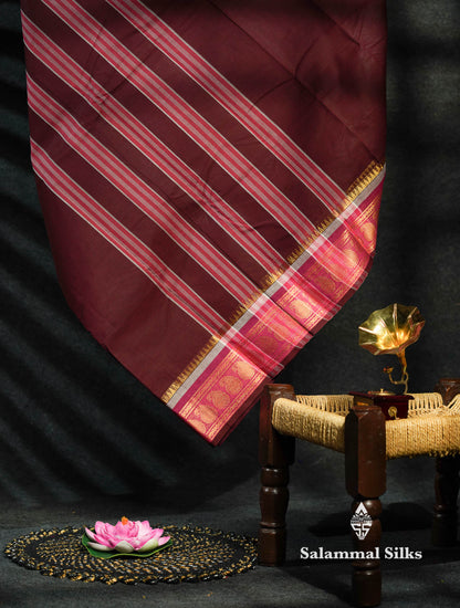 Beautiful Dark Brown  Chettinad Plain Pure Cotton Saree With Traditional Magenta Border