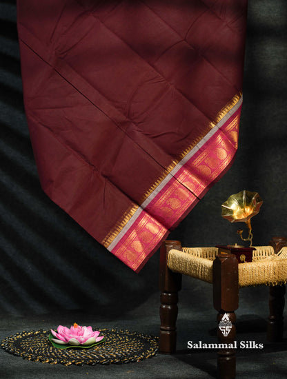 Beautiful Dark Brown  Chettinad Plain Pure Cotton Saree With Traditional Magenta Border