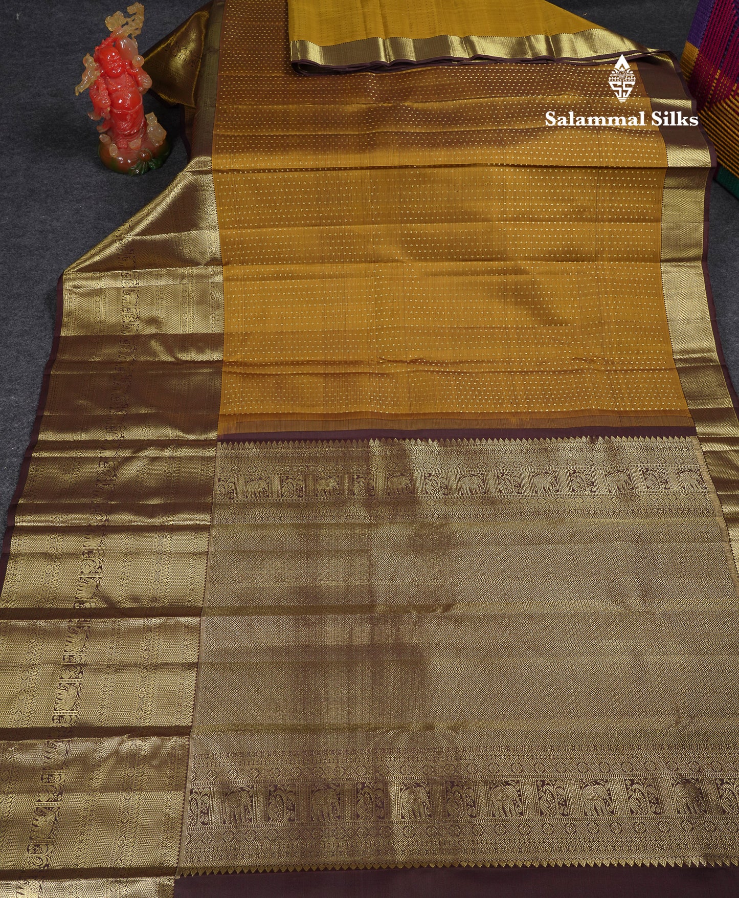 Beautiful Olive Mustard Yellow Pure Kanjivaram Silk Saree With Contrast Dark Brown Tradiional Evening Morning Border