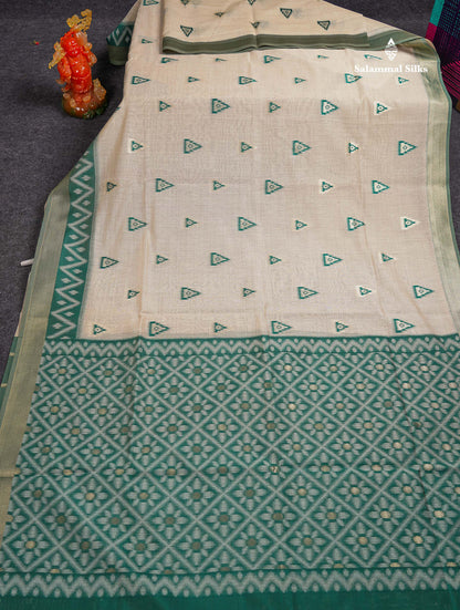 Elegant Cream Sandal Cotton Mix Saree With Contrast Peacock Green Border