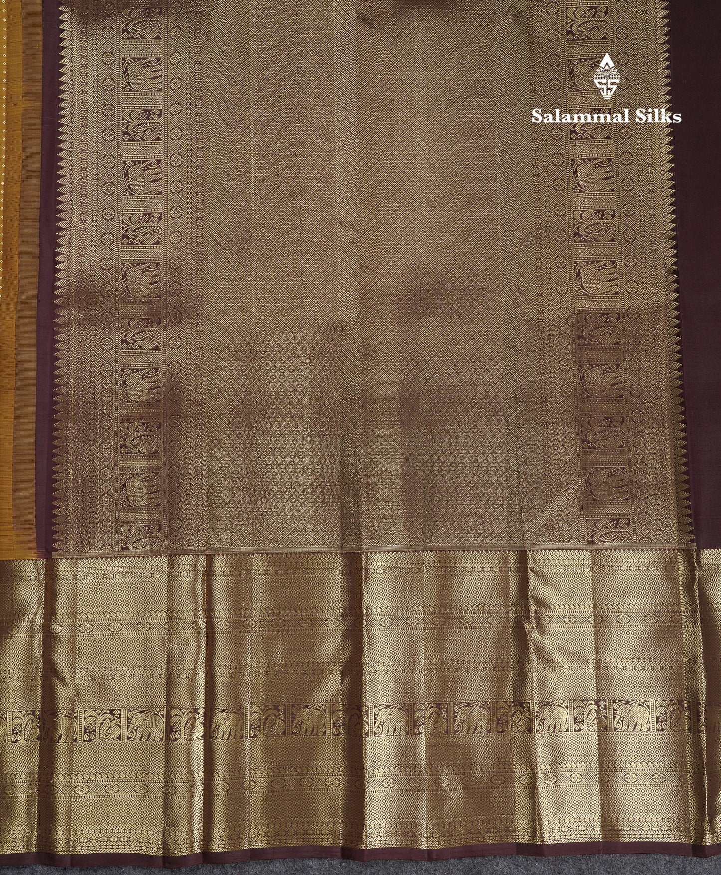 Beautiful Olive Mustard Yellow Pure Kanjivaram Silk Saree With Contrast Dark Brown Tradiional Evening Morning Border