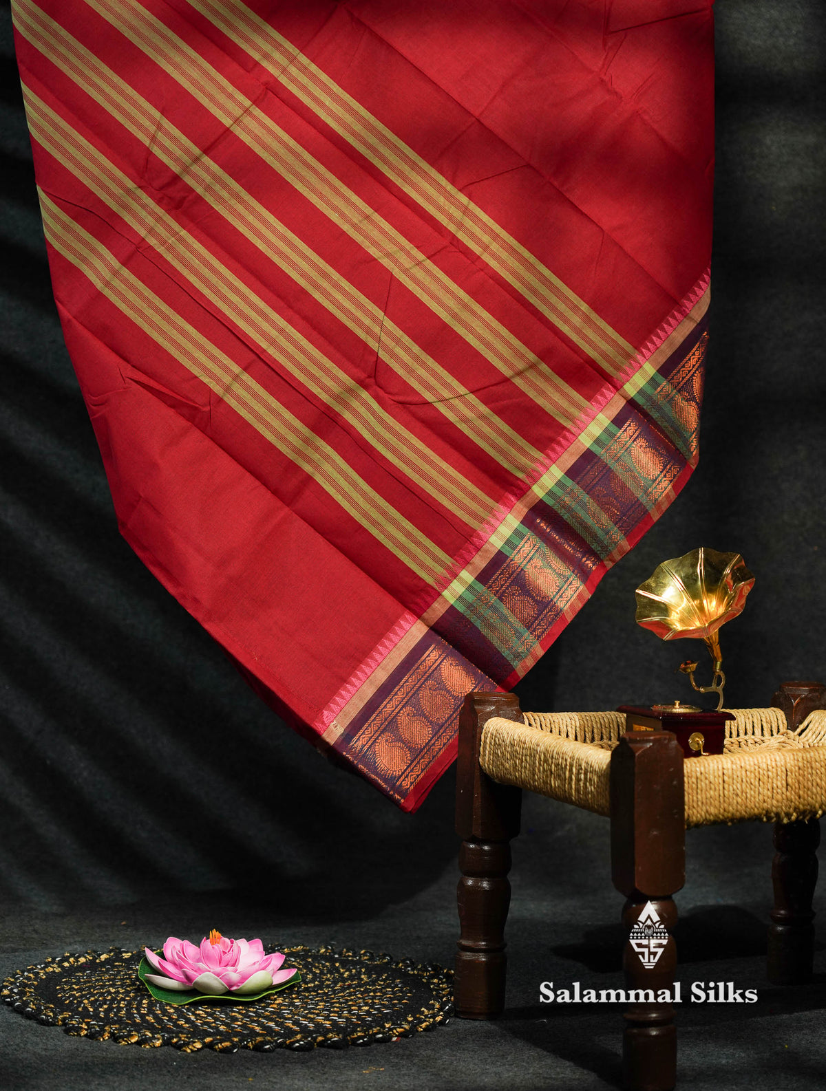 Beautiful Maroon Plain Chettinad Pure Cotton Saree With Traditional Border