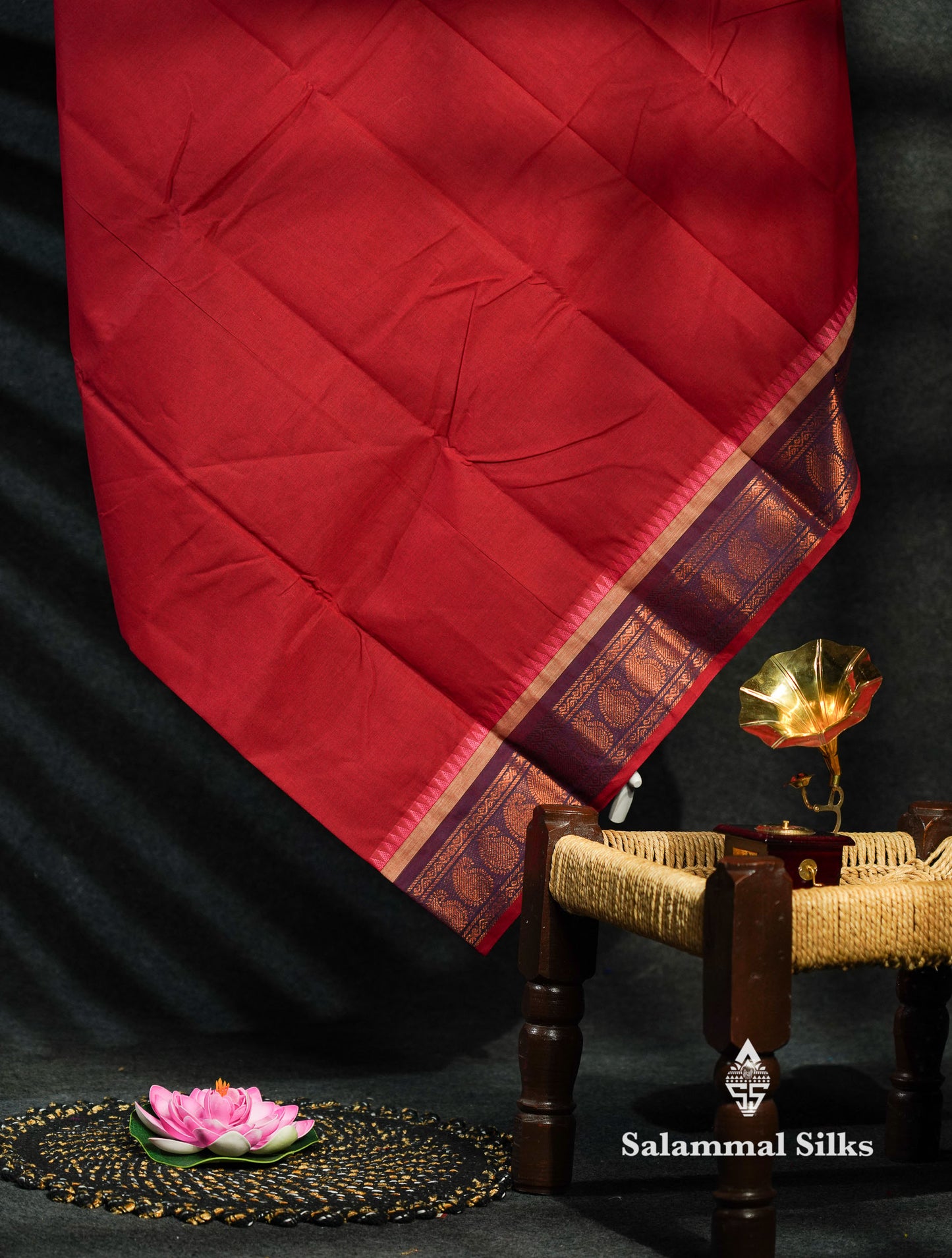 Beautiful Maroon Plain Chettinad Pure Cotton Saree With Traditional Border