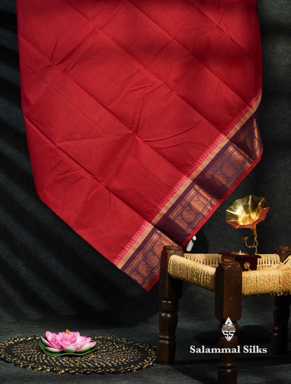 Beautiful Maroon Plain Chettinad Pure Cotton Saree With Traditional Border