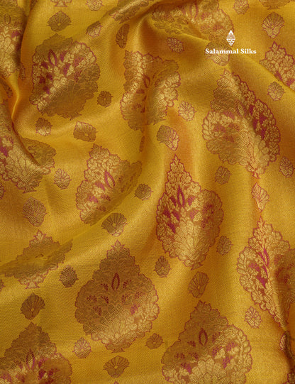 Mustard Yellow Bridal Pure Kanjivaram Silk Saree With Magenta Border