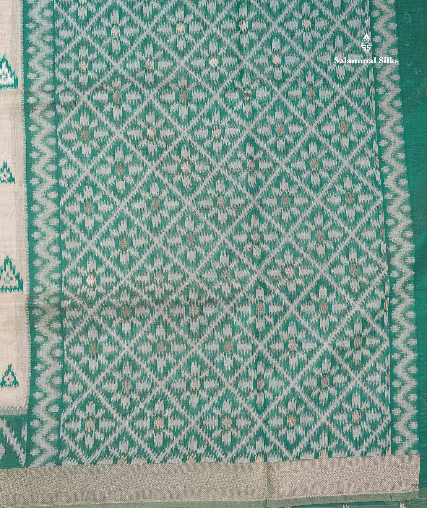 Elegant Cream Sandal Cotton Mix Saree With Contrast Peacock Green Border