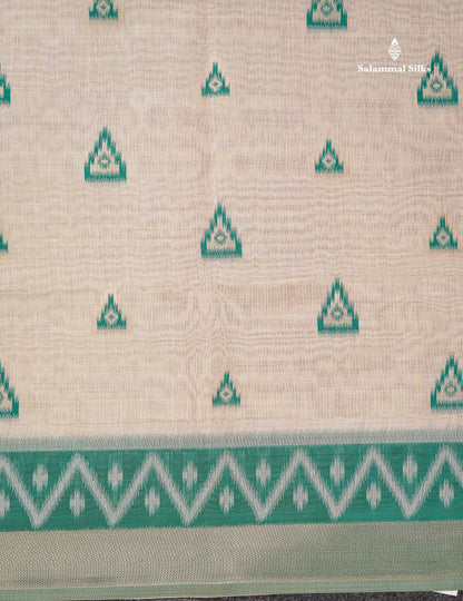 Elegant Cream Sandal Cotton Mix Saree With Contrast Peacock Green Border