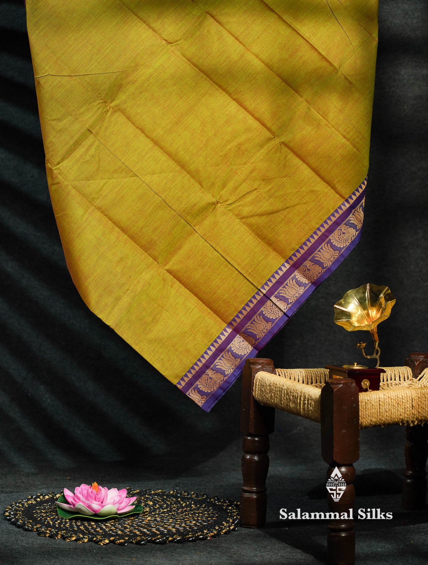 Beautiful Parrot Green Plain Pure Chettinad  Cotton Saree With Purple Thread Work Border
