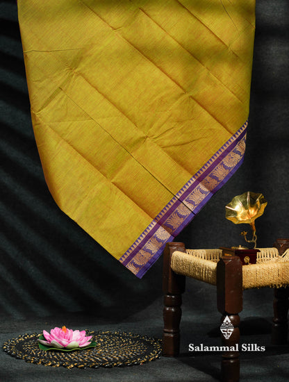 Beautiful Parrot Green Plain Pure Chettinad  Cotton Saree With Purple Thread Work Border