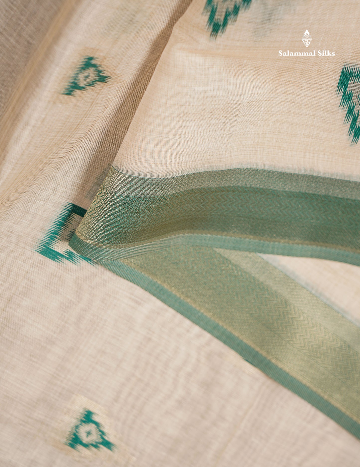 Elegant Cream Sandal Cotton Mix Saree With Contrast Peacock Green Border