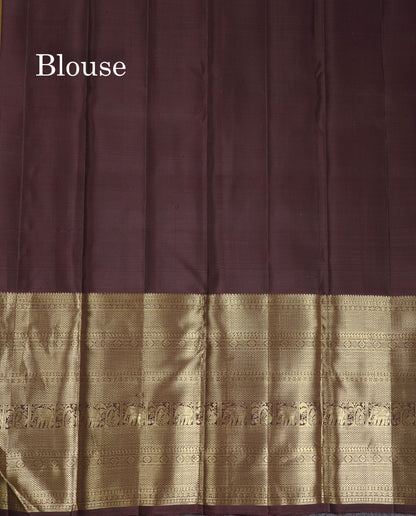 Beautiful Olive Mustard Yellow Pure Kanjivaram Silk Saree With Contrast Dark Brown Tradiional Evening Morning Border