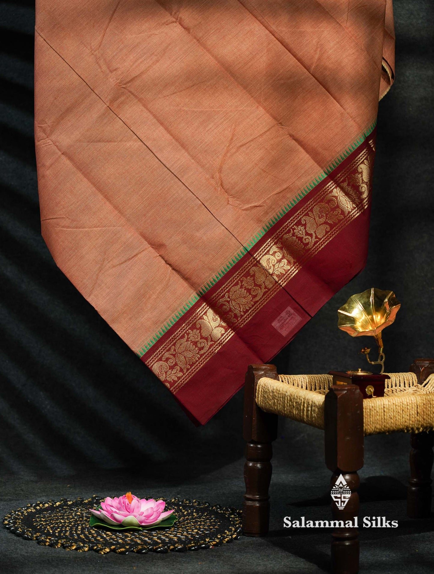 Beautiful Maroon Plain Pure Chettinad Cotton Saree With Green Traditional Border