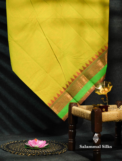 Beautiful Parrot Green Chettinad Plain Pure Cotton Saree With Green Double Border
