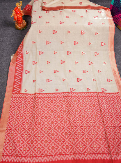 Elegant Cream Sandal Cotton Mix Saree With Contrast Peacock Green Border