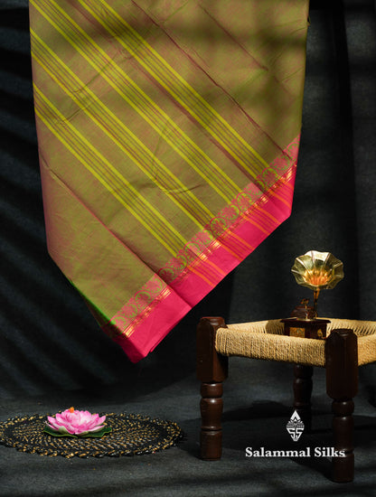 Beautiful Dual Tone Green Chettinad Plain Pure Cotton Saree With Pink Border