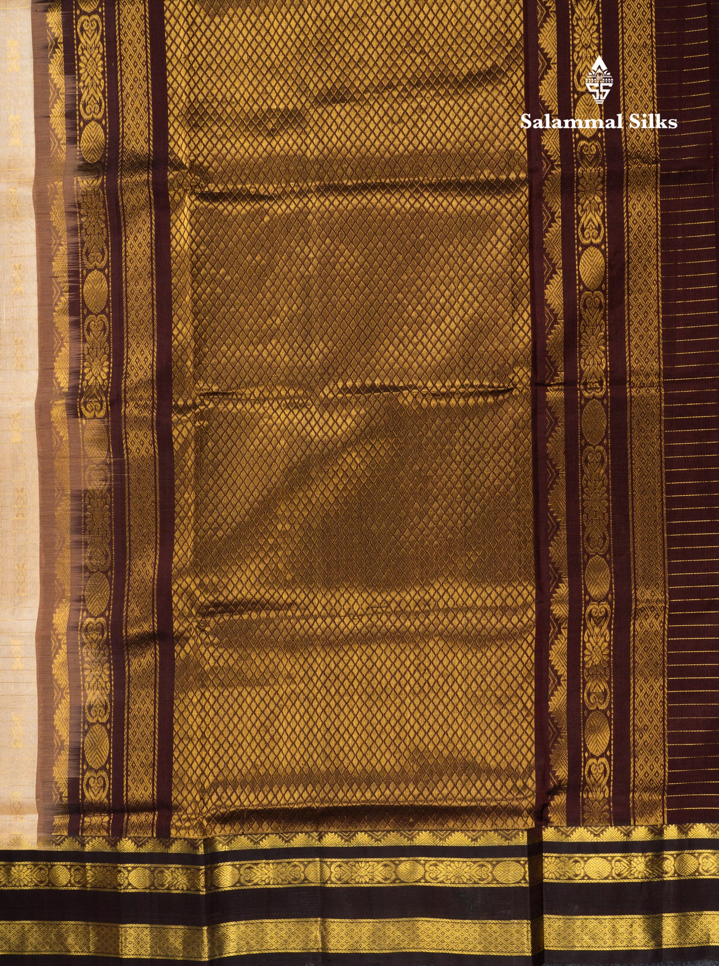 Beige Pure Silk Cotton Saree With Contrast Dark Brown Traditional Gap Border