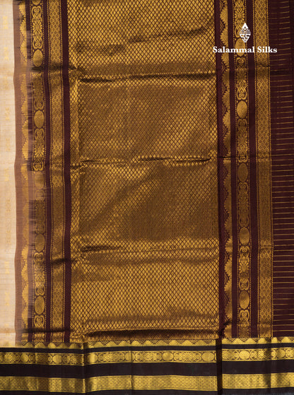 Beige Pure Silk Cotton Saree With Contrast Dark Brown Traditional Gap Border