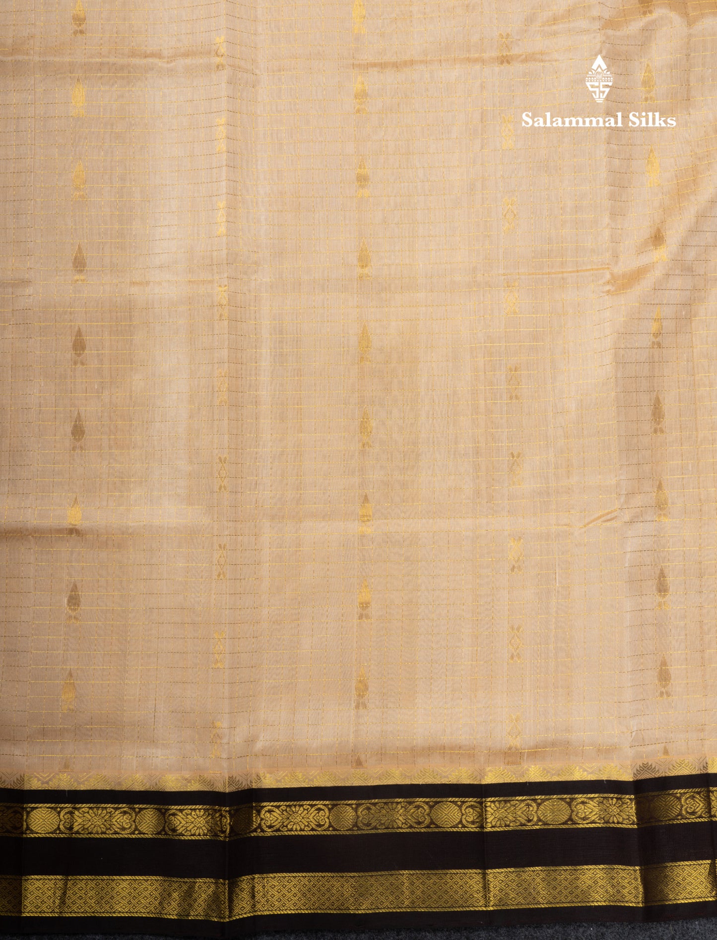Beige Pure Silk Cotton Saree With Contrast Dark Brown Traditional Gap Border