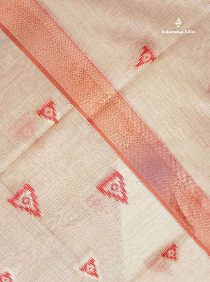 Elegant Cream Sandal Cotton Mix Saree With Contrast Peacock Green Border