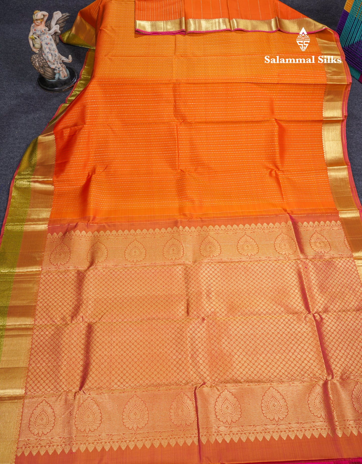 Fanta Orange Beautiful Gold And Silver Zari Lines Pure Kanjivaram Silk Saree With Evening Morning Border