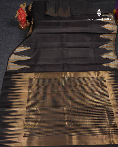 Beautiful Black Plain Pure Kanjivaram Silk Saree With Silver & Gold Traditional Temple Border