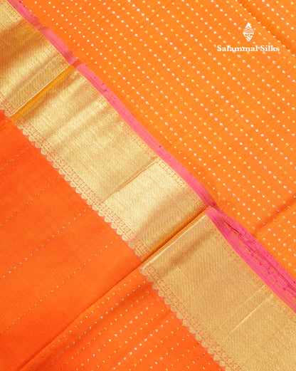 Fanta Orange Beautiful Gold And Silver Zari Lines Pure Kanjivaram Silk Saree With Evening Morning Border