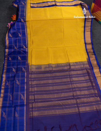 Golden Yellow Small Checks Pure Silk Cotton Saree With Contrast Long Violet Border
