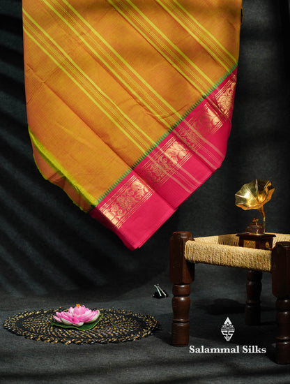 Beautiful Green Plain Pure Chettinad Cotton Saree With Traditional Ganga Jamuna Border
