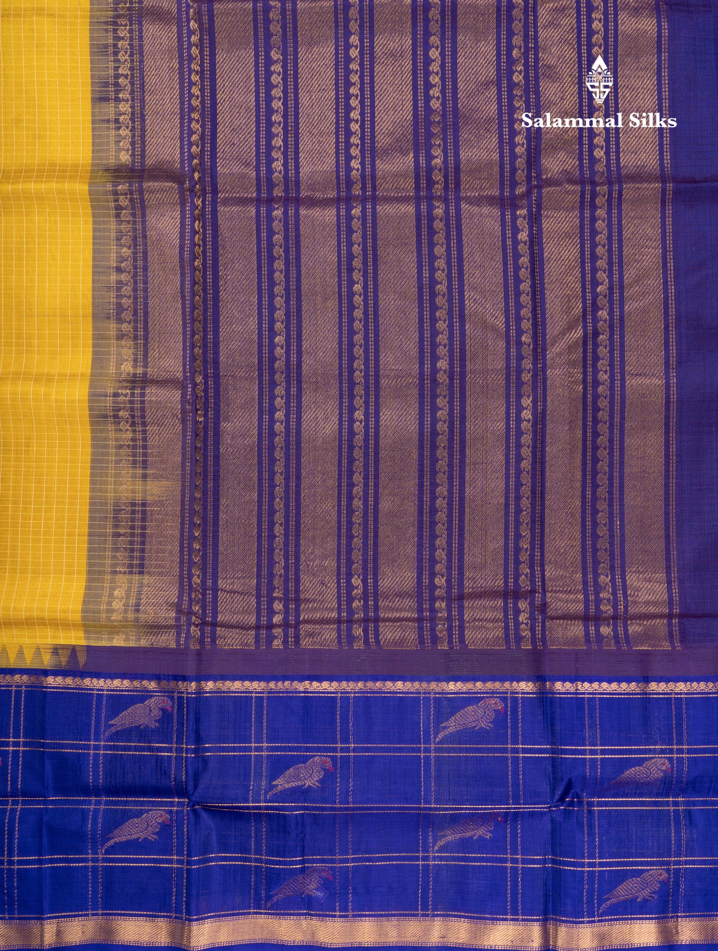 Golden Yellow Small Checks Pure Silk Cotton Saree With Contrast Long Violet Border