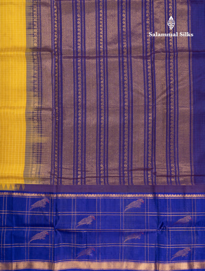 Golden Yellow Small Checks Pure Silk Cotton Saree With Contrast Long Violet Border