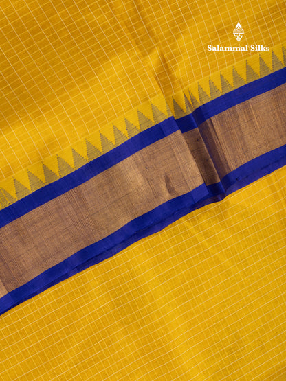 Golden Yellow Small Checks Pure Silk Cotton Saree With Contrast Long Violet Border