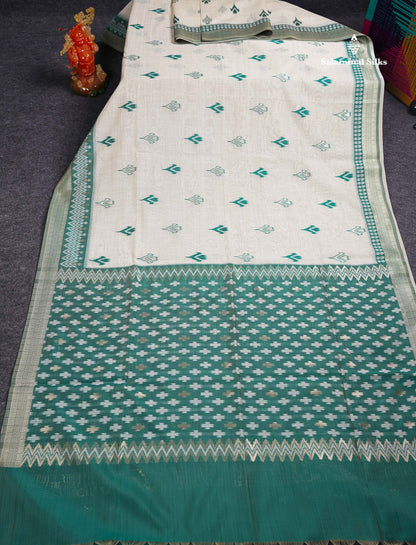 Elegant Cream Sandal Ikkat Style Cotton Mix Saree With Contrast Peacock Blue Border